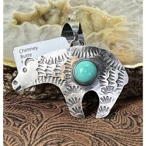 Navajo CHIMNEY BUTTE Sterling Silver Palomino Turquoise Bear Pendant Signed